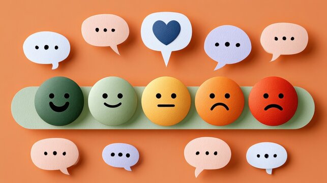 Paper craft emotion rating scale with colorful happy to sad faces and speech bubbles for feedback