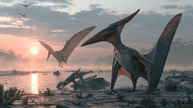 Group of prehistoric Pterodactyl pterosaurs flying and resting at muddy riverbank during dramatic foggy sunset with sun reflection on water surface, ancient landscape, and mesozoic era atmosphere.