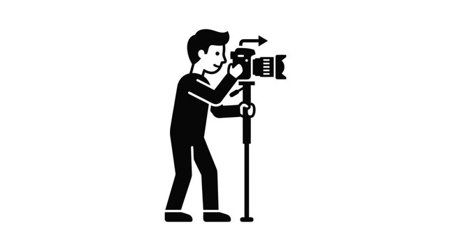 Male videographer filming with professional camera on monopod icon