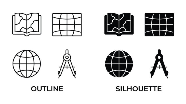 Geographical Icons: A collection of stylized icons representing geographical tools and concepts, including maps, globes, and compasses, presented in both outline and silhouette forms.
