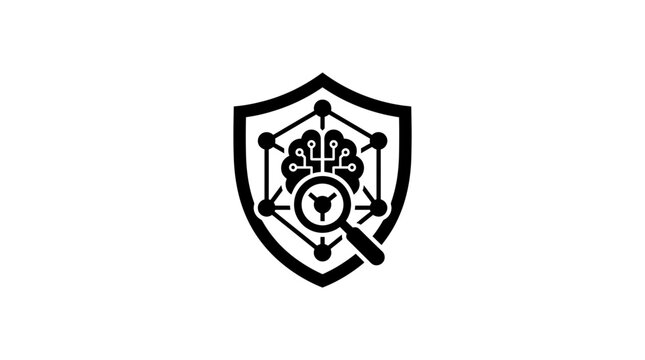Cyber brain shield icon with magnifying glass