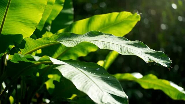 Tropical banana leaves swaying in gentle breeze with morning dew drops, lush green jungle foliage background, for nature and, wellness projects
