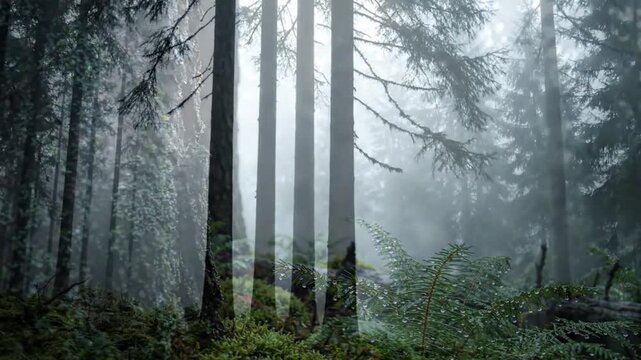 Misty Forest Morning: Towering evergreen trees shrouded in ethereal mist create a serene and tranquil atmosphere in this deep forest landscape, evoking a sense of mystery and solitude.