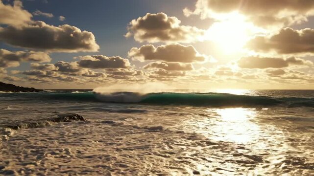 Golden Hour Serenity: A gentle wave breaks near the shore as the sun casts a warm, golden glow across the tranquil ocean, illuminating scattered clouds in the sky.
