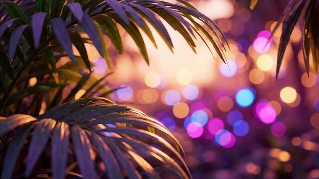 Tropical palm leaves silhouette with dreamy colorful bokeh lights background, for cinematic atmosphere, and luxury event visuals
