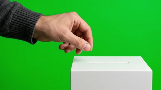 A hand casting a vote into a ballot box against a vibrant green background, symbolizing democratic participation and elections