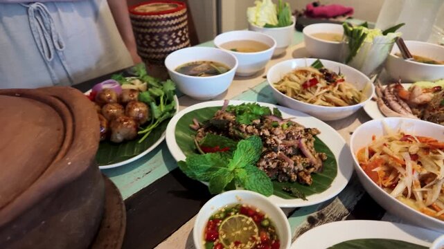 Traditional Isan Thai Dinner Table with Som Tum and Larb