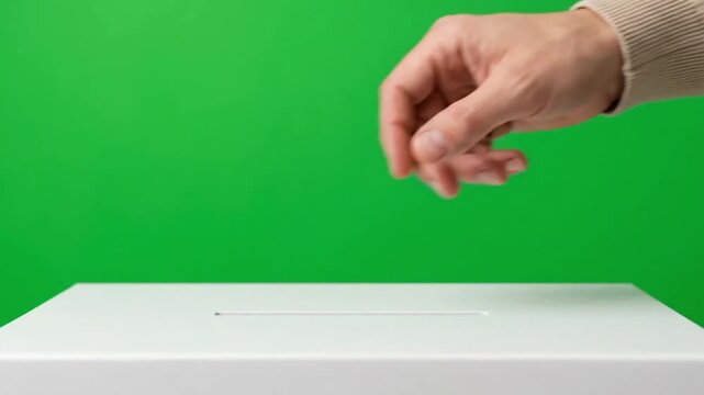 Person casting a ballot into a white voting box against a green screen background