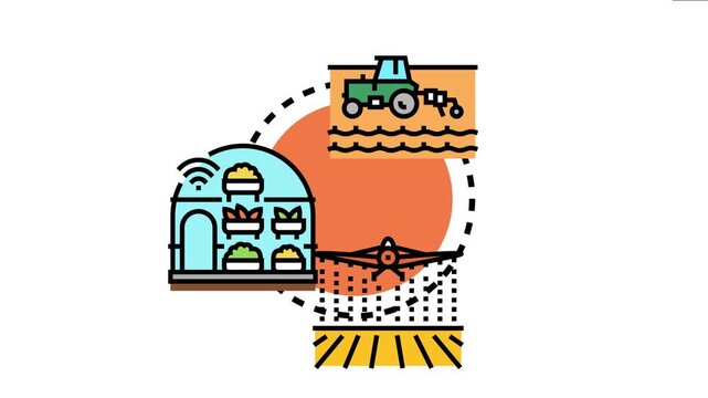 Agricultural sector benefits concept showing various aspects like traditional farming with a tractor, modern smart greenhouse cultivation, and advanced crop dusting technology
