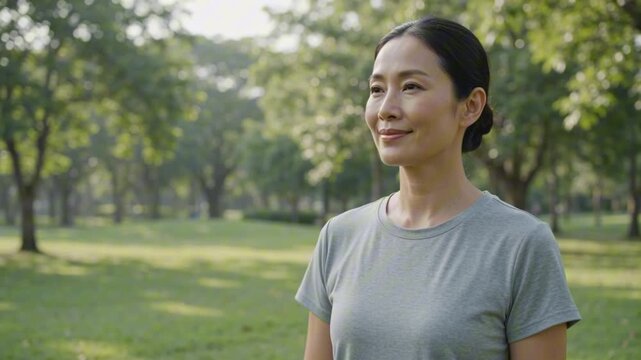 Peaceful middle aged woman practicing mindfulness and deep breathing exercises during this calming motion video clip for wellness programs