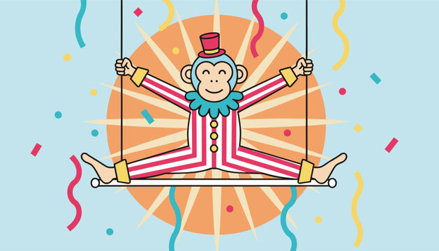 Joyful circus monkey wearing a colorful striped costume performing on a trapeze bar with falling festive confetti.