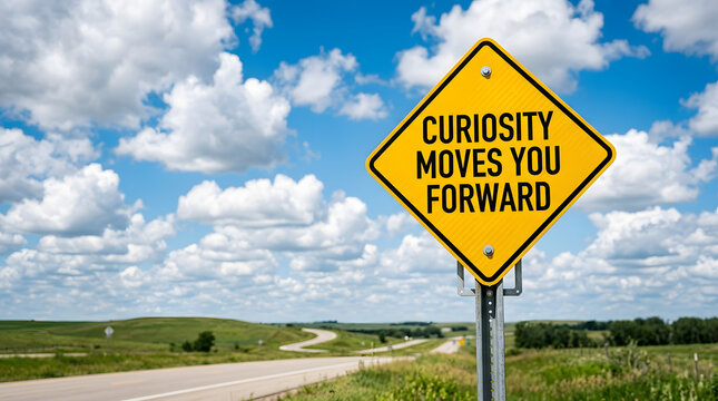 Yellow road sign with motivational message on grassy countryside road