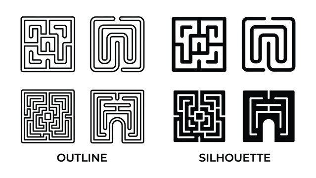 Maze Variety: A collection of square maze patterns presented in both outline and silhouette formats.