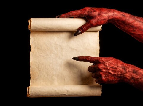 Red Devil Hands Holding Ancient Parchment Paper Scroll On Black
