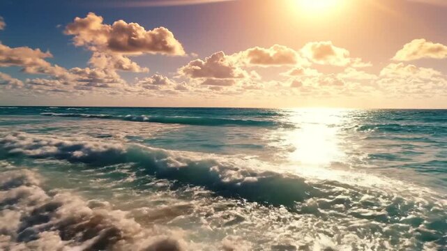 Golden Hour Serenity: A breathtaking seascape unfolds as the sun dips below the horizon, casting a warm, golden glow across the tranquil ocean waves and soft, scattered clouds.