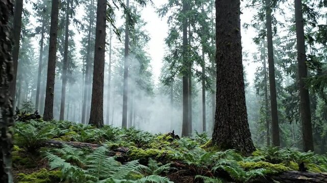 Misty Forest Canopy: Towering evergreen trees create a dense canopy in a lush, fern-covered forest floor, with wisps of mist weaving through the ancient woodland.