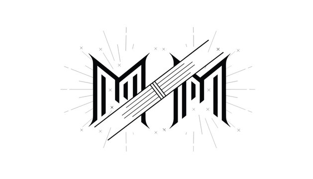Elegant black calligraphic monogram of the word mom with thin radiating lines representing warm maternal love.