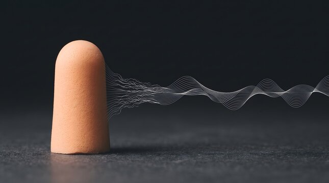 Foam earplug flattening approaching sound wave lines on dark surface, hearing protection and noise induced hearing loss prevention concept art horizontal with copy space