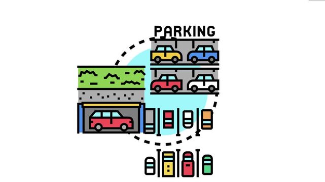 Urban infrastructure flat displaying various modes of parking and storage, including multi level garages, outdoor ground level lots, and underground facilities
