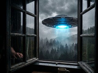 Fototapeta premium UFO Alien Spaceship Hovering In Sky Seen Through Open Window