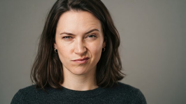 A woman with dark brown hair is looking directly at the camera with a slightly skeptical expression. She is winking with one eye and has a subtle smirk.