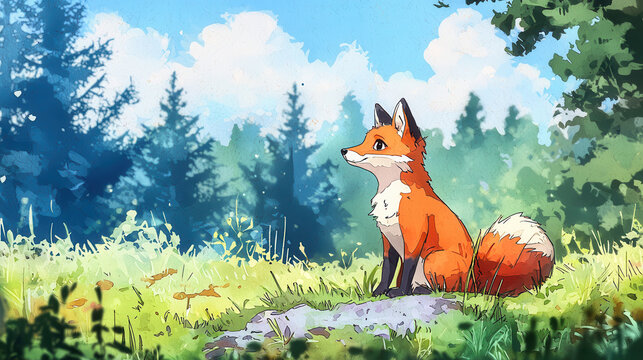Vibrant fox sits peacefully in lush green meadow, surrounded by trees and bright blue sky. scene captures serene moment in nature