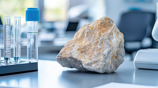 Rock composition displayed in laboratory setting, surrounded by scientific equipment, evokes curiosity and exploration in geology