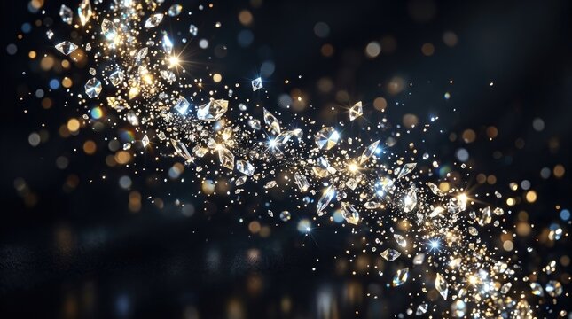 A dazzling array of sparkling diamonds and gemstones streams across a dark, blurred background. The glittering particles create a magical, ethereal effect, evoking a sense of luxury and brilliance.