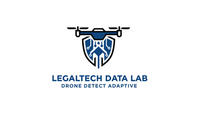 Tech security logo design displaying a drone integrated with a digital shield, under the text Legaltech Data Lab.