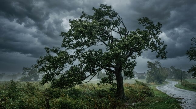 A solitary tree bends dramatically in a fierce storm. Dark, swirling clouds dominate the sky, creating a sense of impending danger.