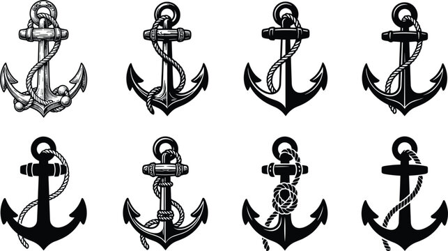 Nautical anchor icon collection set with ropes for maritime marine navy theme logo design element vector.