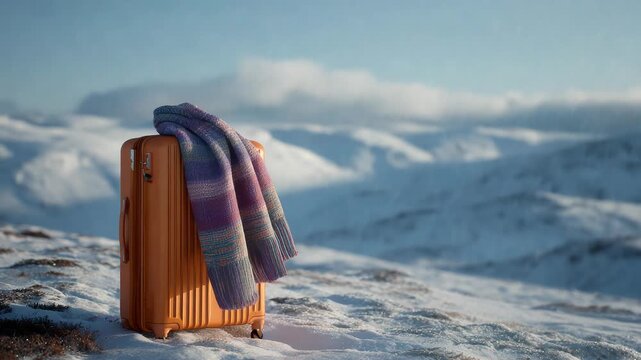 Orange Suitcase with Scarf in Snowy Mountain Landscape During Daytime