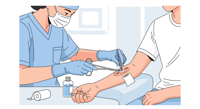 Medical procedure: nurse bandaging patient's arm with sterile equipment