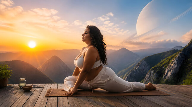 Woman practicing yoga on mat overlooking mountain landscape at sunrise