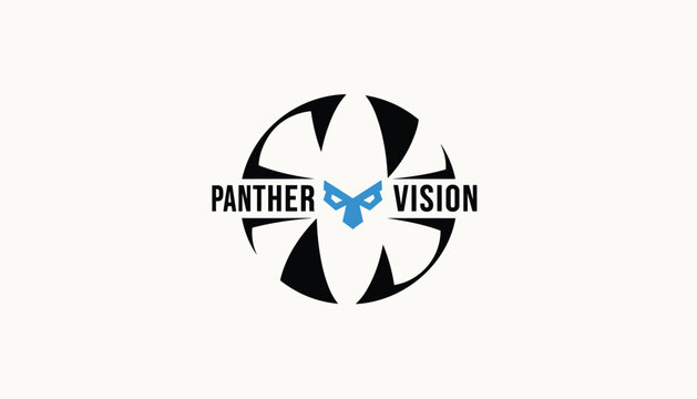 Panther vision logo design featuring a stylized blue panther face inside a circular black geometric frame.
