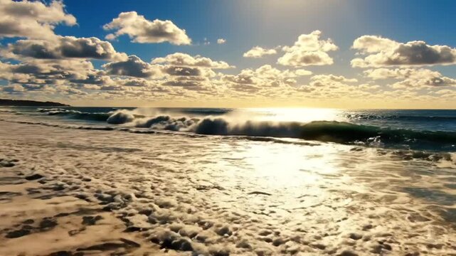 Ocean Waves at Sunset: The sun sets over the ocean, casting a golden glow on the water and illuminating the rolling waves as they crash onto the sandy shore.