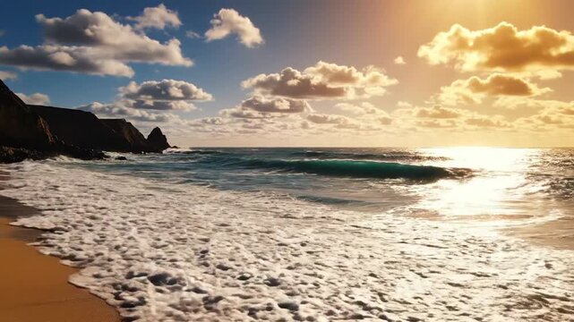 Ocean Serenity: Gentle waves lap a tranquil sandy beach as the golden sun sets, casting a warm glow on dramatic coastal cliffs and fluffy clouds in a breathtaking seascape.