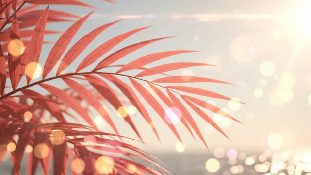 Tropical palm leaves swaying in golden sunset light with dreamy bokeh background, for summer travel, and vacation vibe