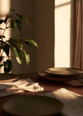 Fototapeta premium Wooden table with two empty plates on it. the table is covered with a white cloth and there is a potted plant on the left side of the table.