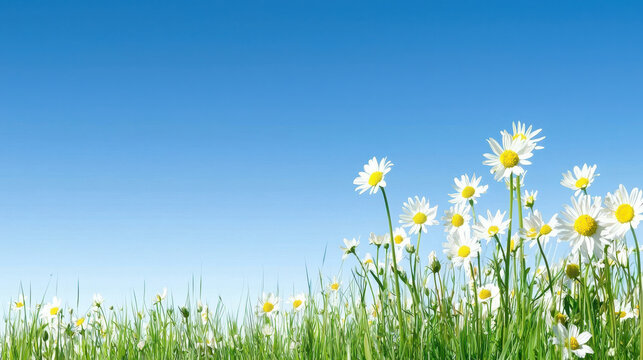 Vibrant field of daisies under clear blue sky creates serene and peaceful atmosphere, perfect for nature lovers