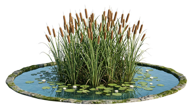 Round garden pond with cattail reeds and lily pads isolated on white background