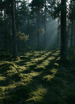Dense forest with tall pine trees. the trees are tall and slender, with their trunks reaching up towards the sky.