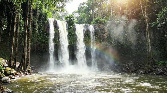 Tropical waterfall in lush rainforest with rainbow and sun flare, serene nature landscape for travel and relaxation background