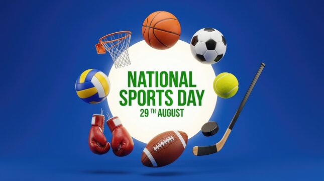 29th August Happy National Sports Day banner with 3D sports gear floating on blue background