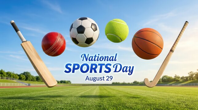 National Sports Day August 29 banner with cricket bat football basketball and hockey stick