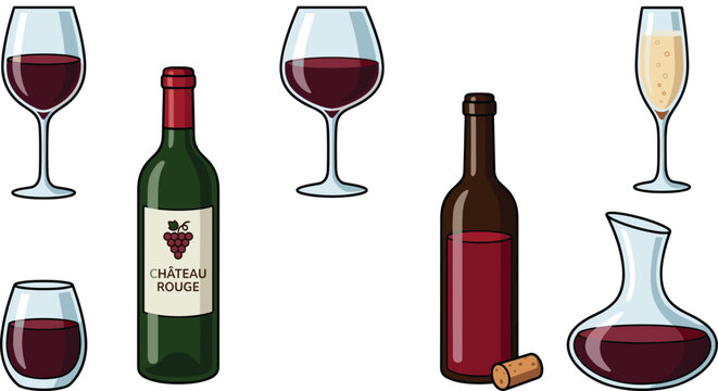 Set of wine elements vector illustration featuring red wine bottles chateau rouge glass goblets champagne flute and decanter isolated on white background