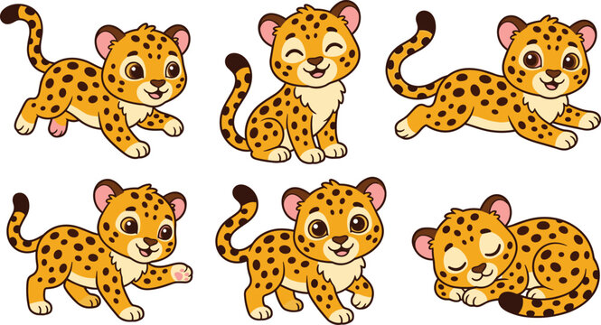 Set of cute cartoon leopard cub vector illustrations featuring happy little jaguar characters running sitting walking and sleeping isolated on white background