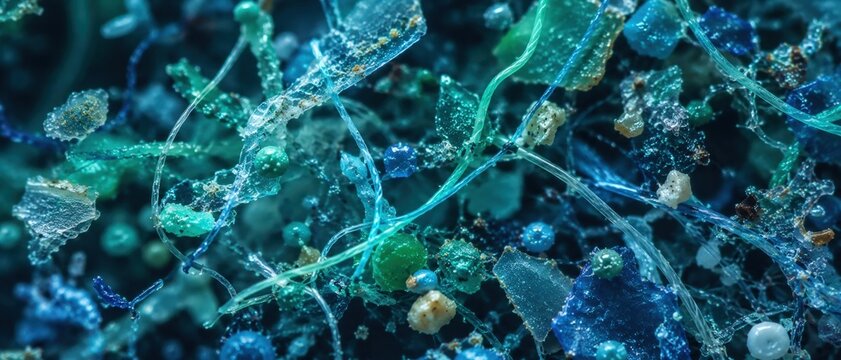 Microplastic pollution in ocean water teal environmental concept