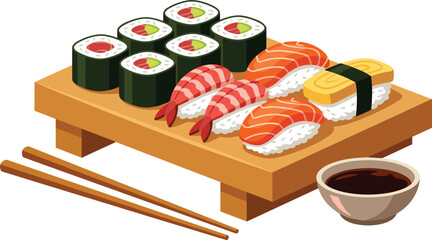 Traditional japanese sushi set vector illustration featuring salmon nigiri shrimp maki rolls and tamago served on a wooden board with chopsticks and soy sauce © MdMoksedul
