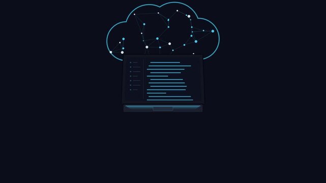 Digital Data Stream Rain Falling from Cloud Computing Icon into Laptop Screen 4K Motion Graphics
